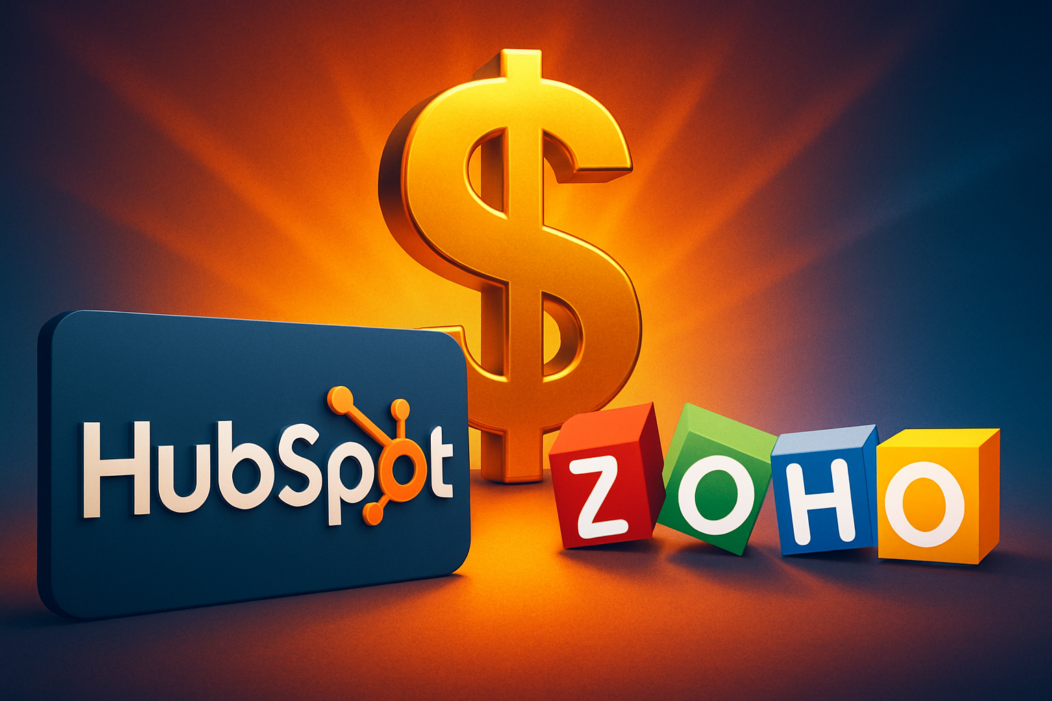 Create a striking visual that contrasts the real HubSpot logo and the real Zoho logo positioned prominently in the foreground In the background a larg-1