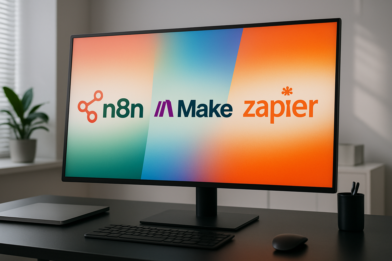 Imagine a sleek modern workspace featuring a large digital screen displaying a vibrant montage of the logos of N8N Make and Zapier The scene is set in-1