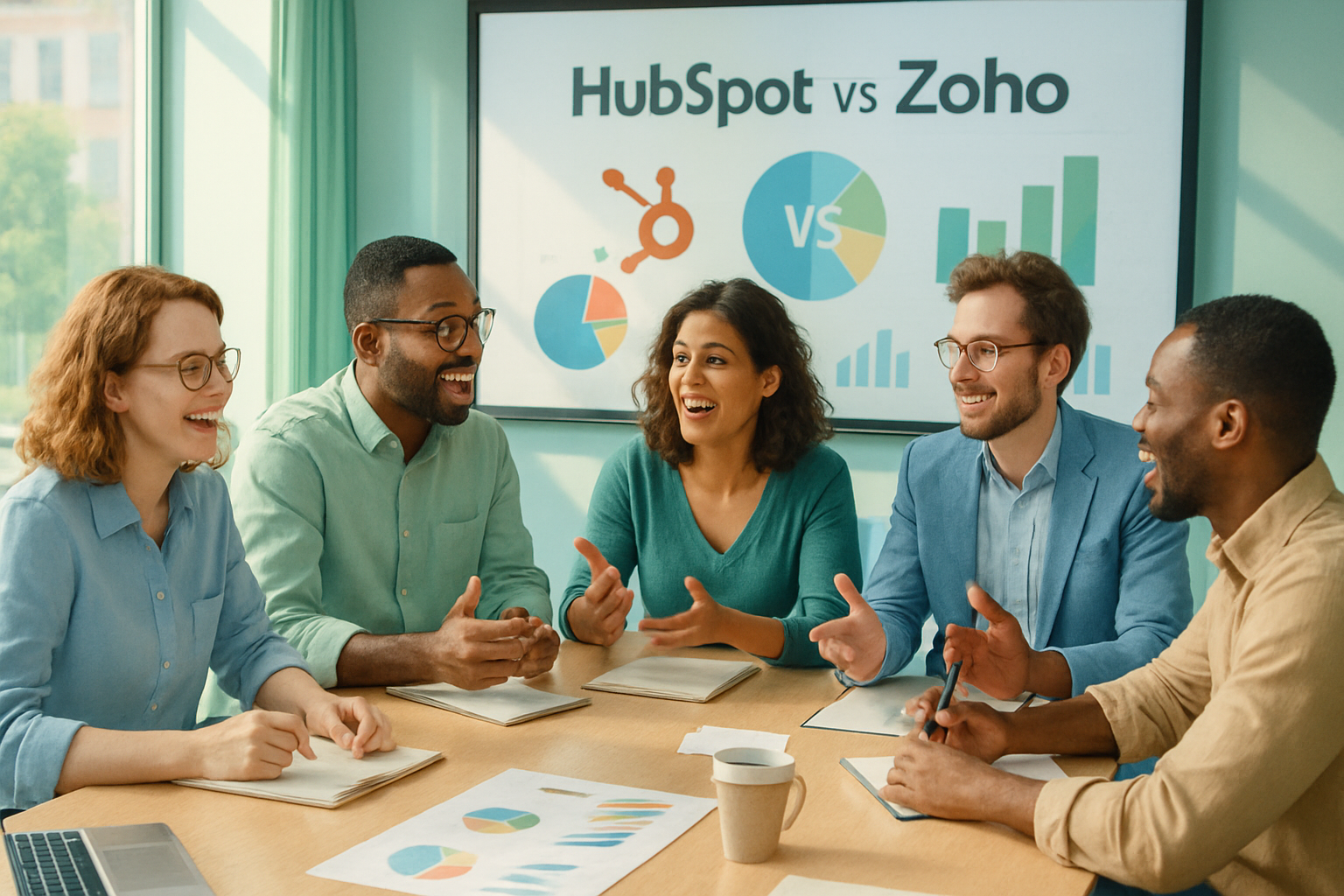 In a bright modern conference room a diverse group of professionals engages in a lively workshop passionately discussing the merits of HubSpot versus-1