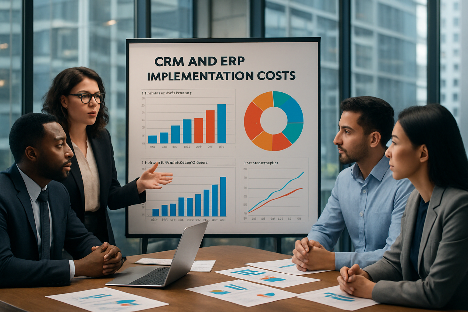 In a sleek modern office setting a diverse team of professionals gathers around a large table analyzing a multilayered presentation board Charts and g-1