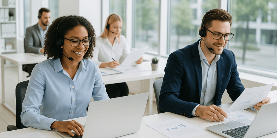 prospecting agents working in an clean google like office-1-1