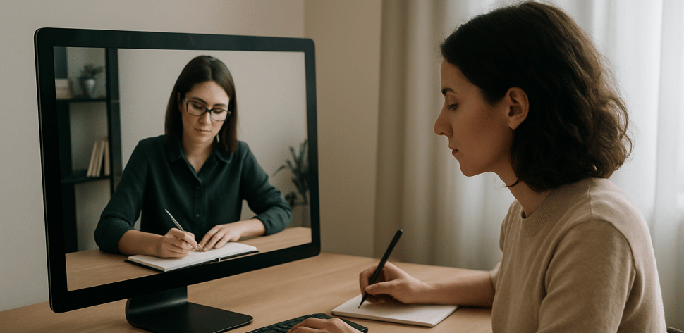 realistic photography of a woman working on a computer in a meeting with a notetaker in the computer screen an a ghost writer human by herself taking notes as well-1-1