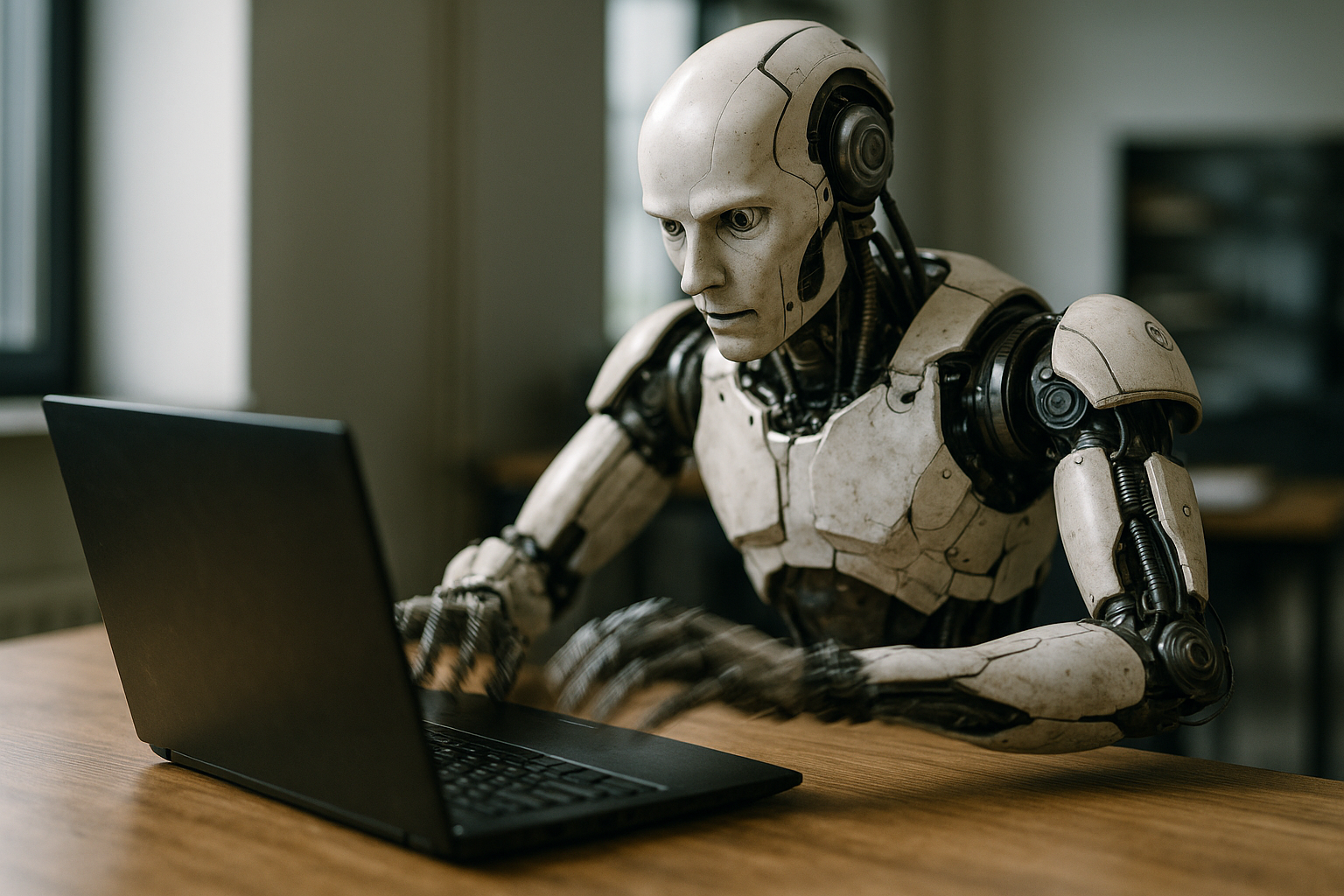robot working on a computer in realistic phtography hes woking fast-1