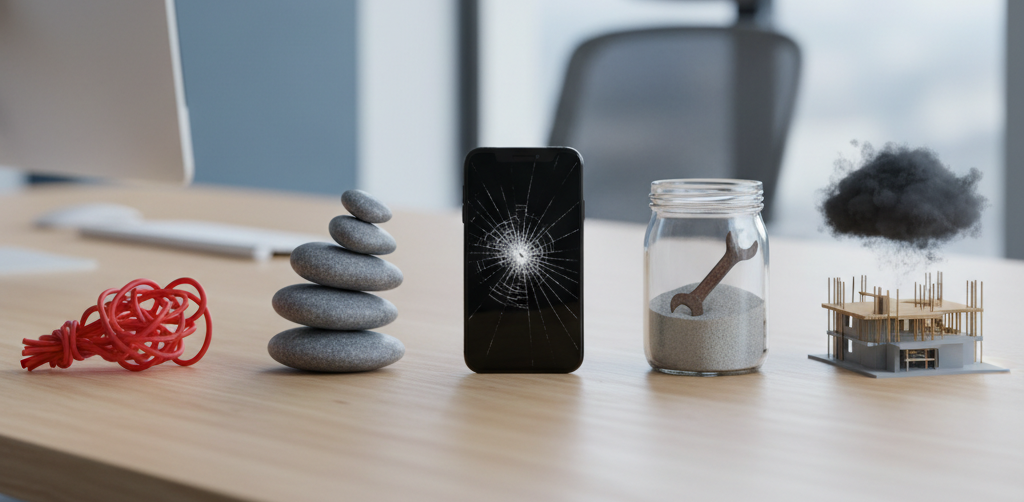 5 pigèes sur bureau